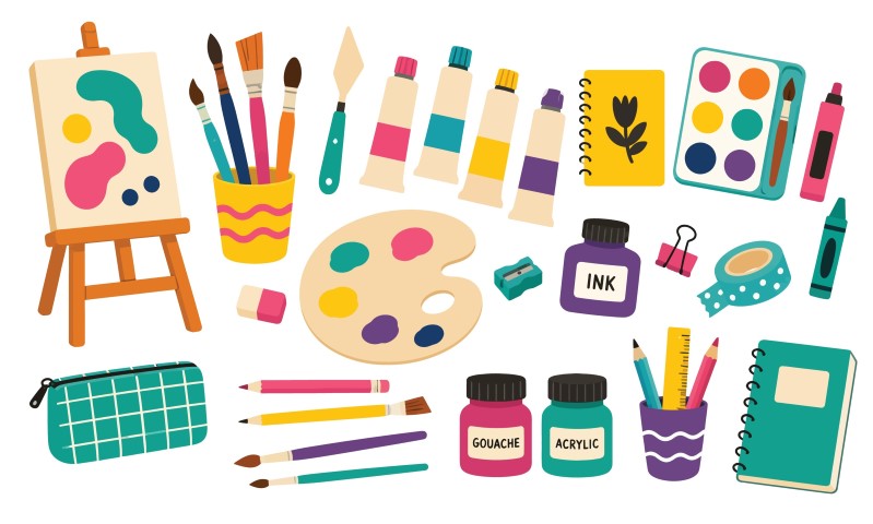 Art supply and creative tools collection.